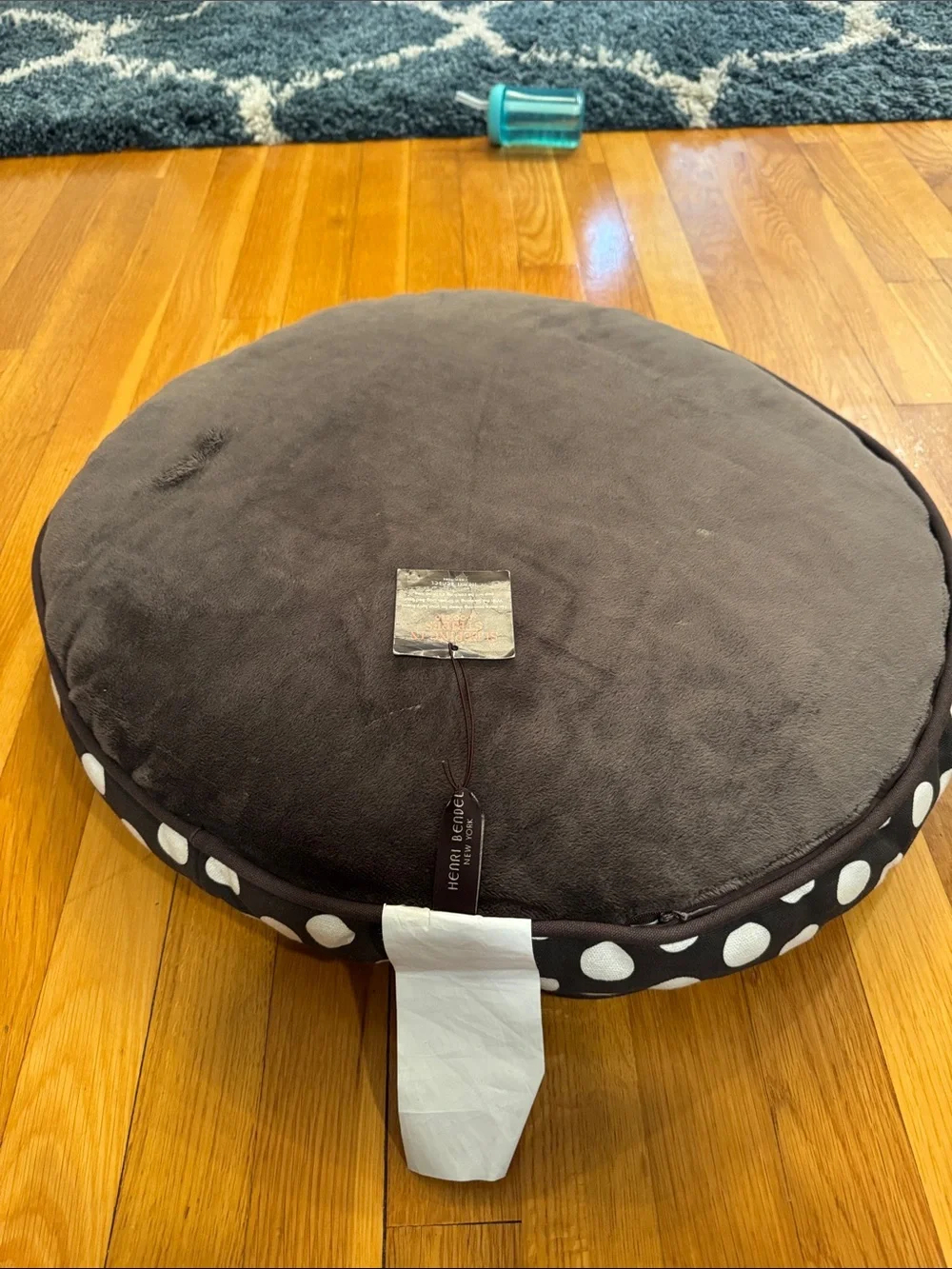 henri bendel Brown and White Polka Dot Round Dog Bed sleeping in stripes